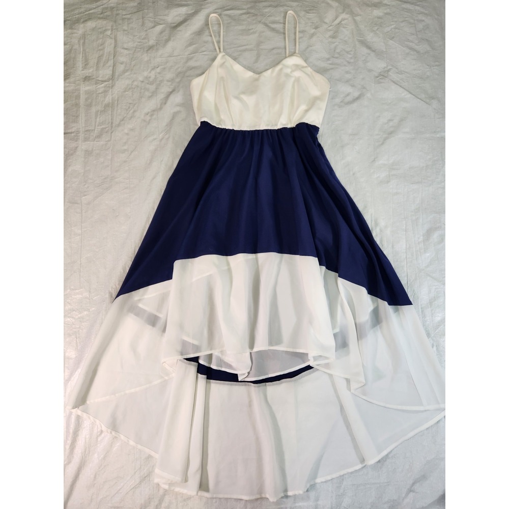 Anthropologie Hutch Wantable Dress Large Navy Blue White Chiffon Hi-Low Hi Lo